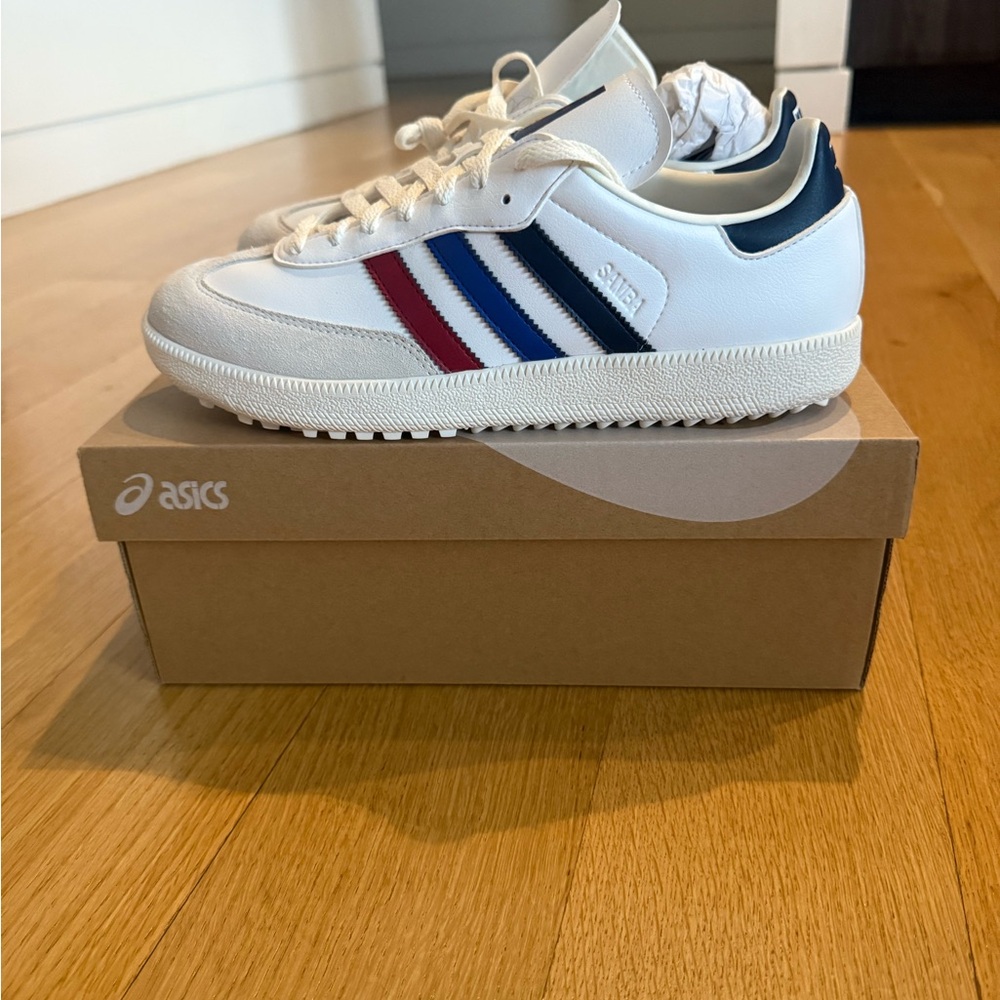 White Sneakers with Red and Blue Stripes